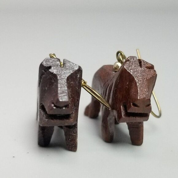 Vintage Carved Wood Animal Lion Big Cat Dangle Earrings, Estate - Picture 4 of 7